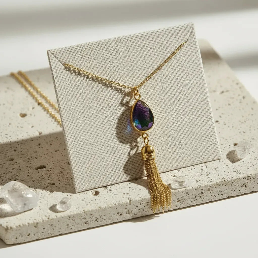 Gold necklace with a purple teardrop pendant and tassel on a textured surface