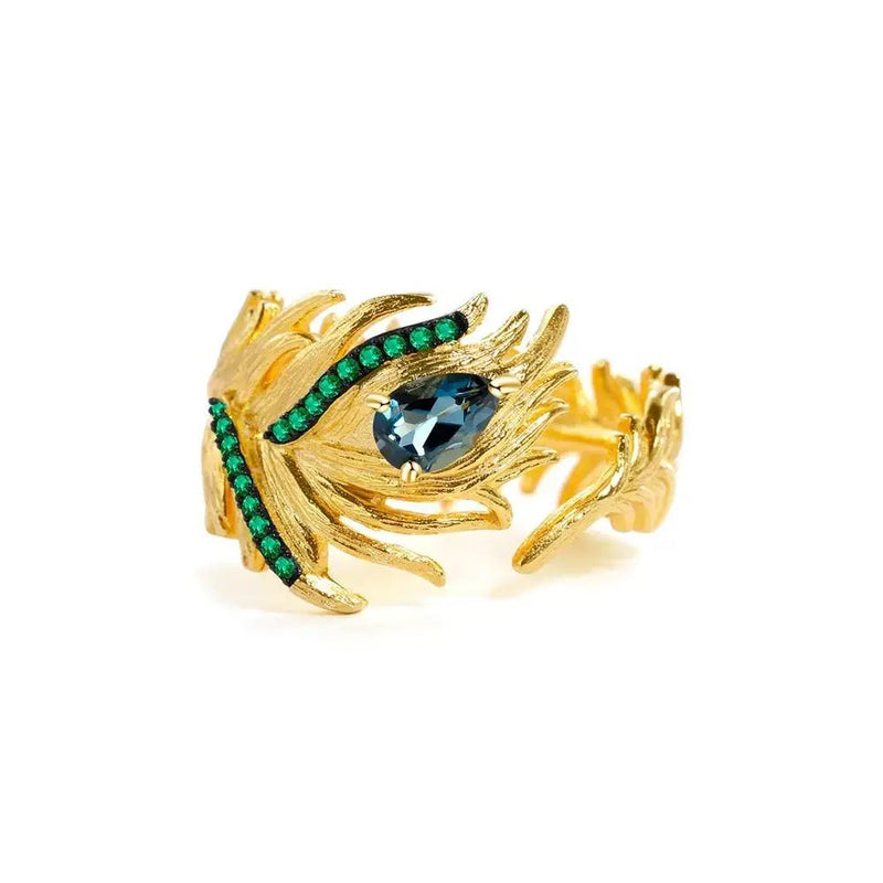 Peacock Feather Gold Ring: Gold - Plated Sterling Silver with Swiss Blue Topaz - Mystic Soul Jewelry