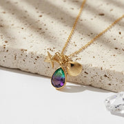 Peacock ombré starfish and shell pendant necklace in gold — tropical ocean necklace for flow