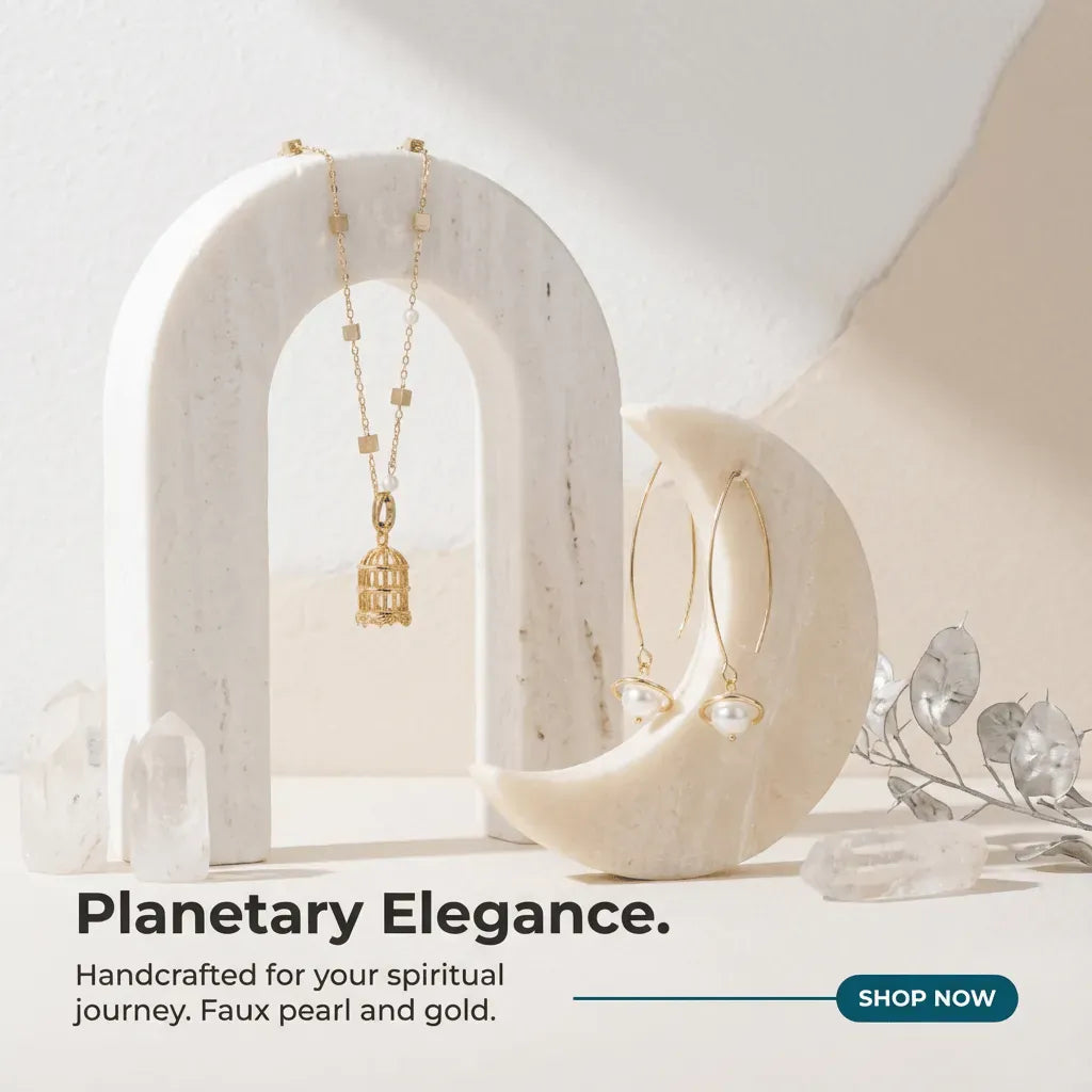Jewelry display with gold necklaces on a neutral background, featuring text about planetary elegance.