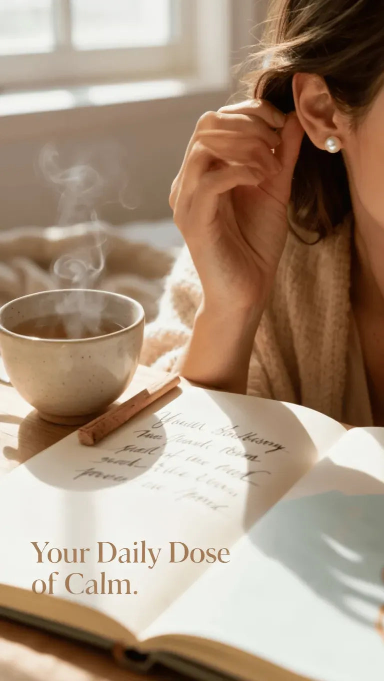 Person reading a book with a steaming cup of tea and cinnamon stick on a table, with text 'Your Daily Dose of Calm'.