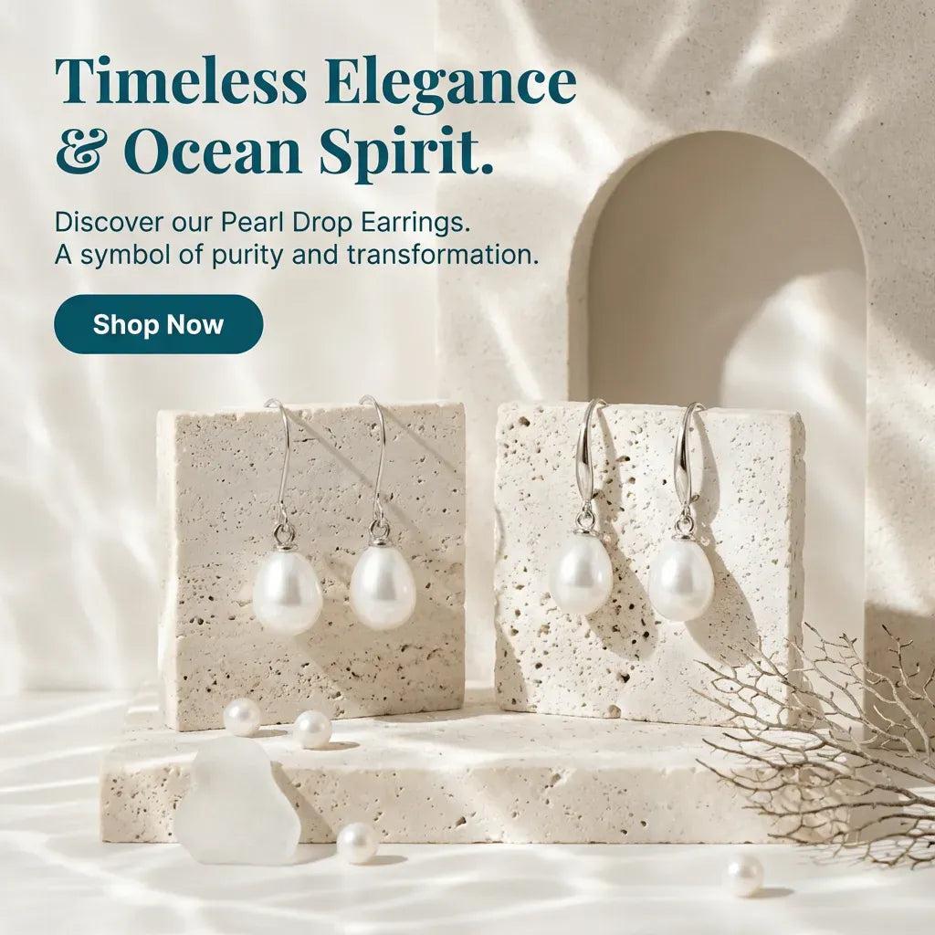 Pearl drop earrings displayed on a stone surface with text about their symbolism.