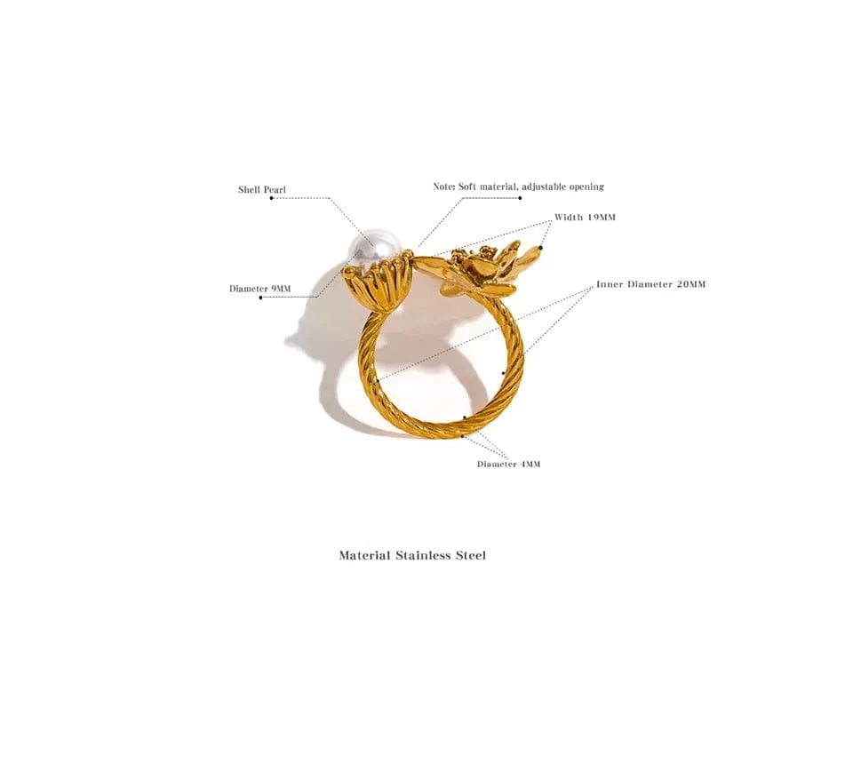 Gold ring with detailed specifications on a white background