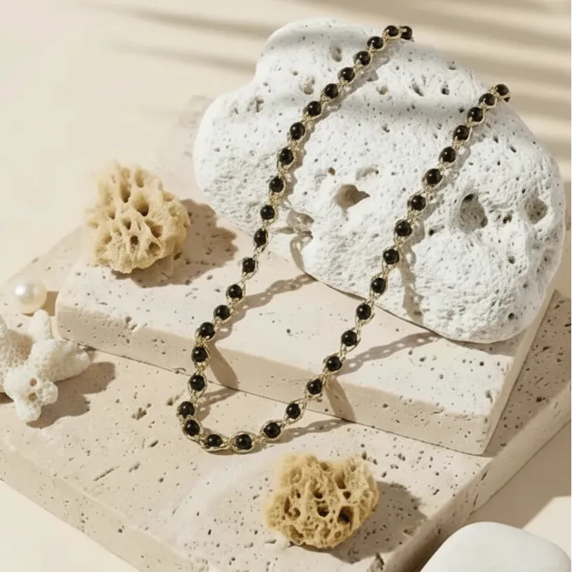 Black and gold pearl in chain necklace, June birthstone jewelry