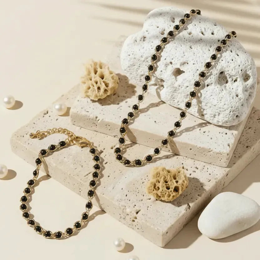 pearl_in_chain_black gold necklace_and_bracelet_set