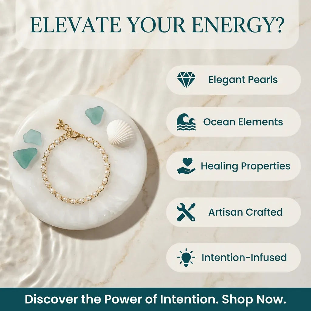Bracelet on a white dish with pearls and a shell, surrounded by text about product features.