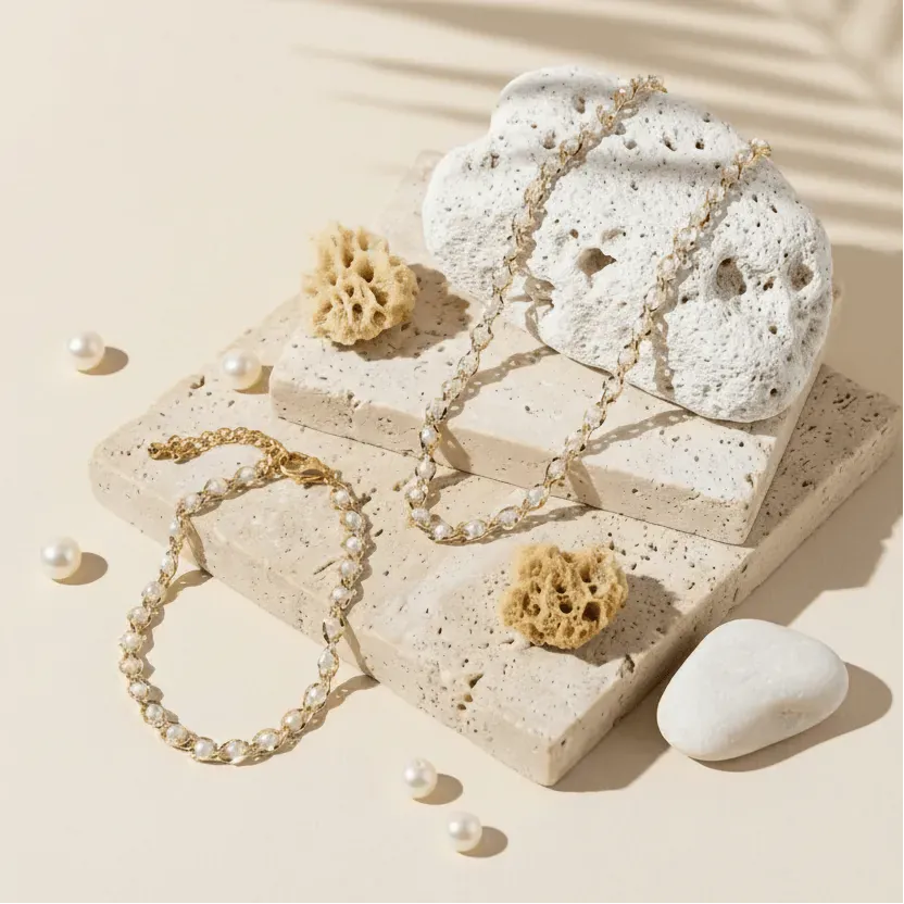 Jewelry set with pearls and gold chains on a textured stone surface with sand and shells.