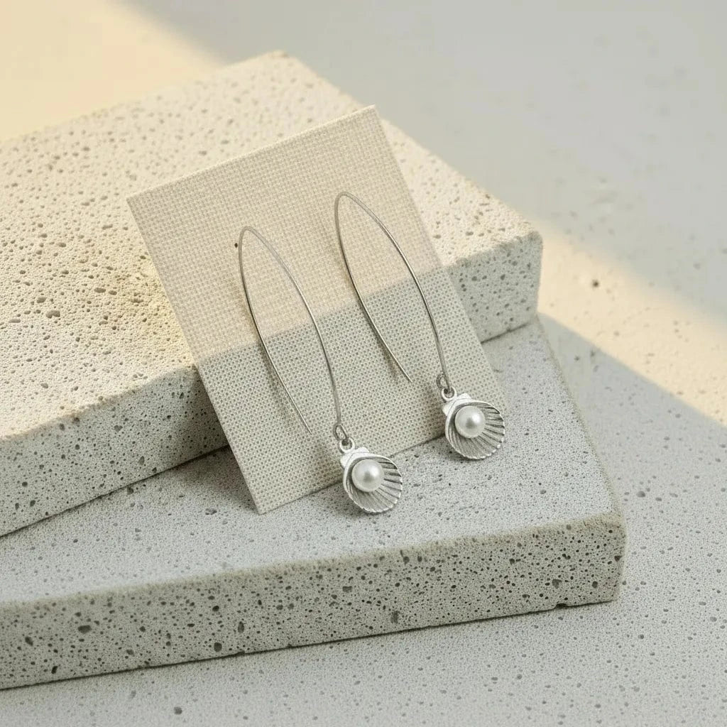 Silver pearl in clam shell drop earrings on a gift card — 7.5mm shell water element jewelry
