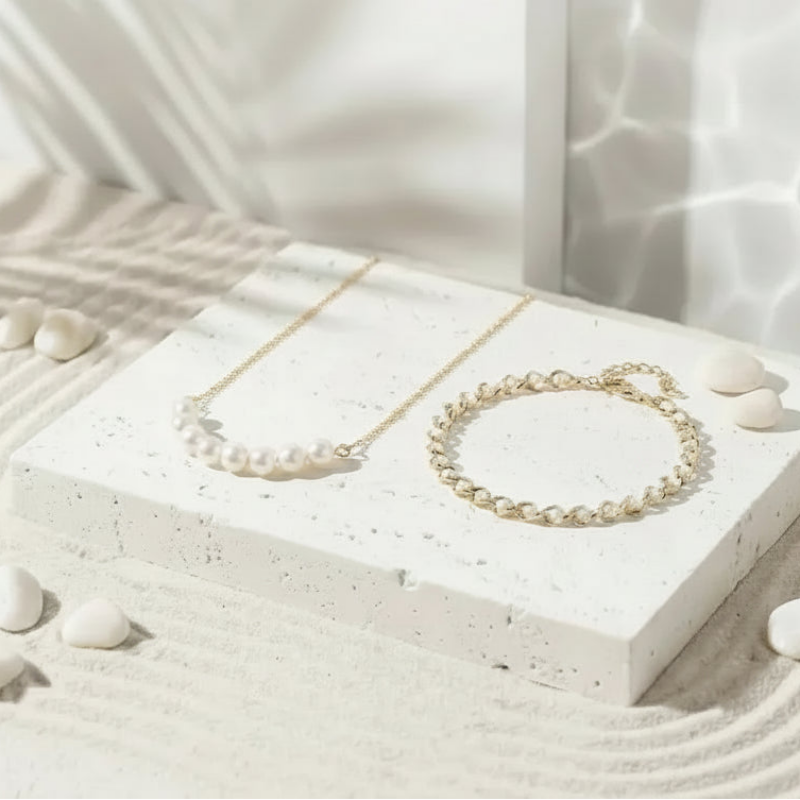 Pearl necklace and pearl chain bracelet set in gold, June birthstone jewelry