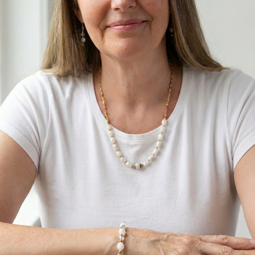 Woman wearing a white t-shirt with a necklace and bracelet, sitting against a neutral background.