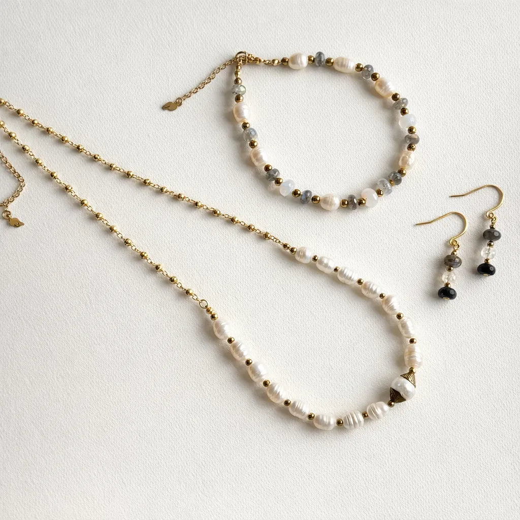 potato pearl beaded necklace, bracelet and earring set — one-of-a-kind crystal jewelry for calm