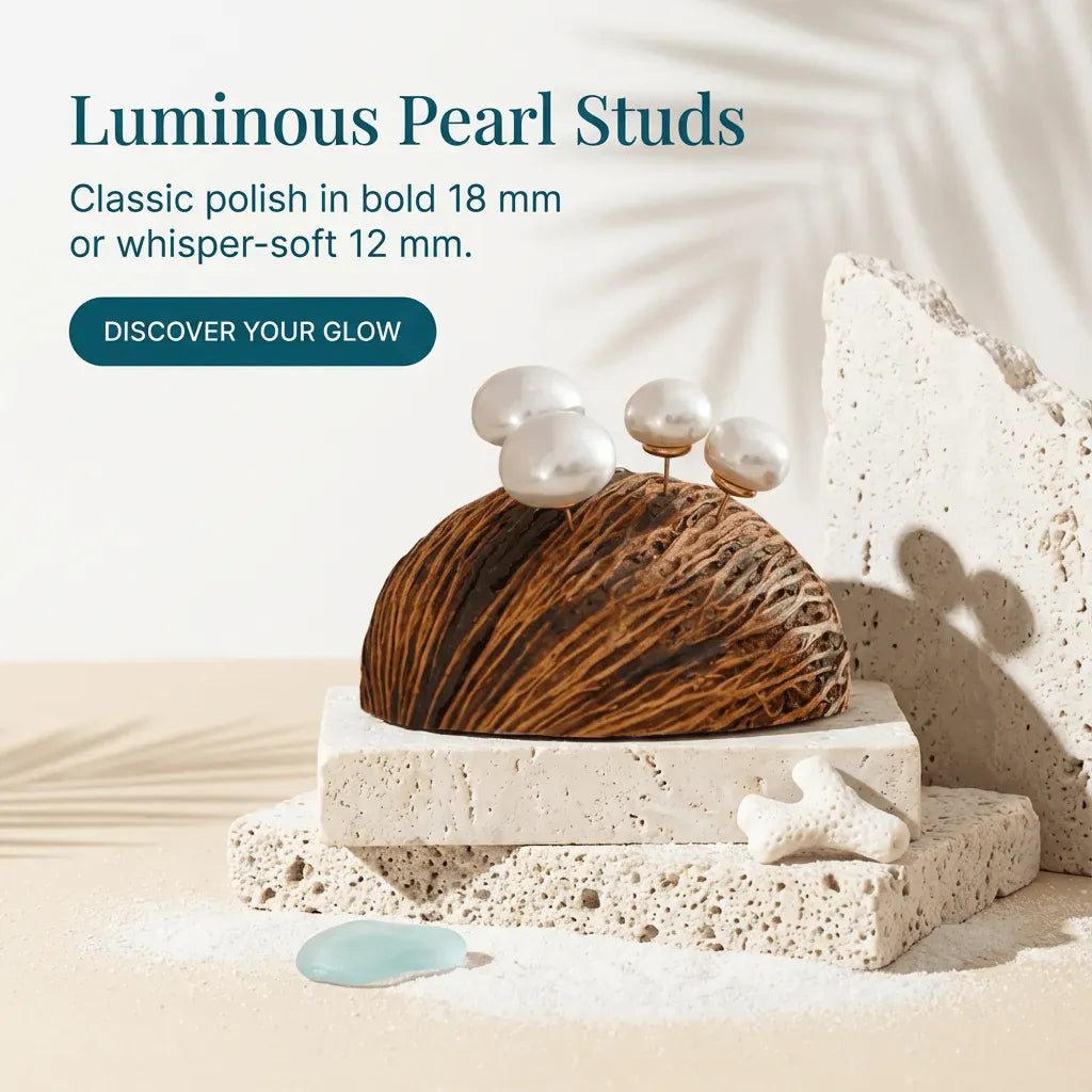 Pearl studs displayed on a natural stone with a soft background