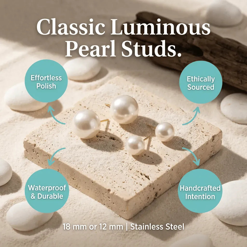 Pearl stud earrings on a stone surface with descriptive text about features.