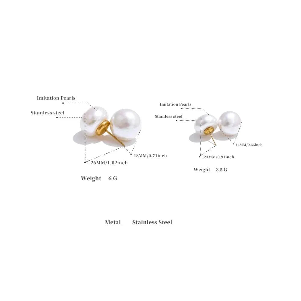 Pearl earrings with gold accents on a white background, showing measurements and material details.