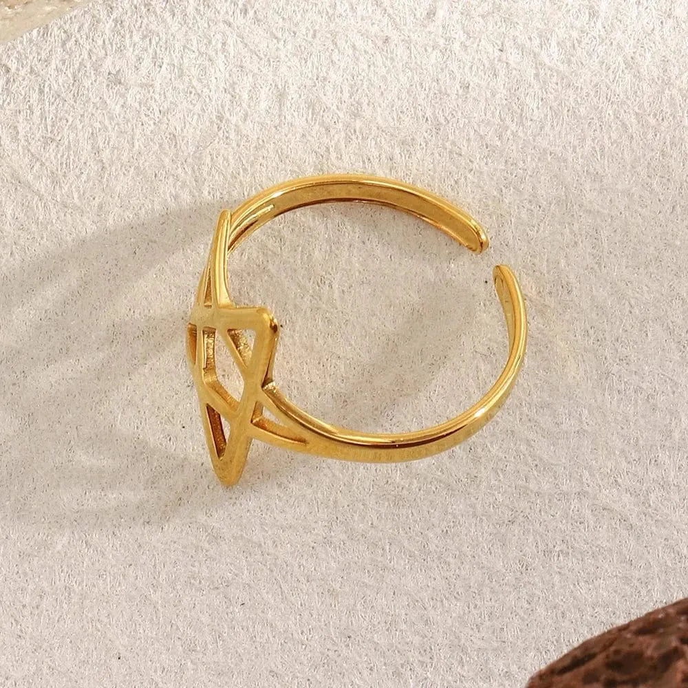 Gold ring on a textured beige surface