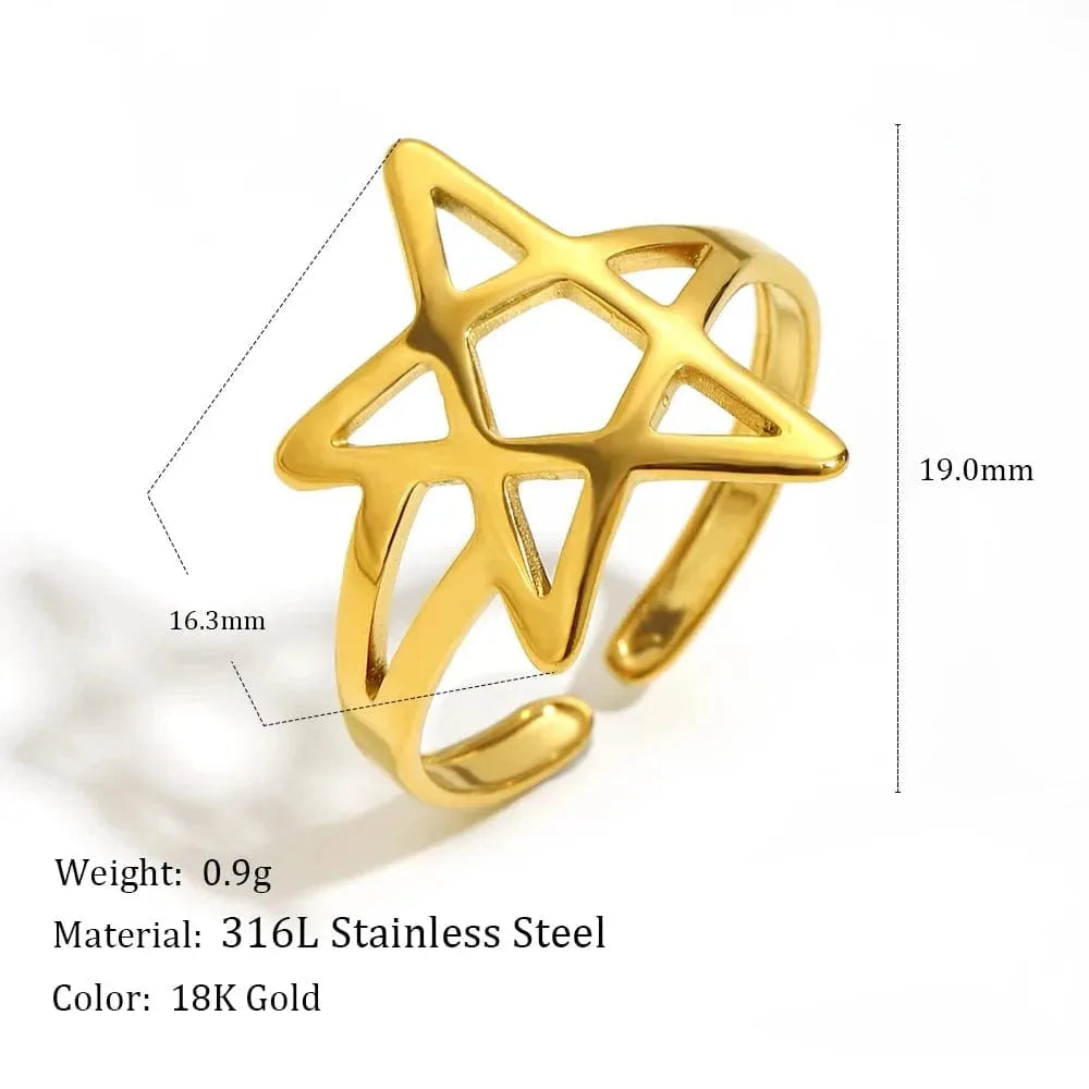 Gold star-shaped ring with measurements and material details on a white background