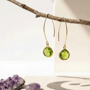 Gold Peridot Elegant Pebble earrings on the long wire, August birthstone colour