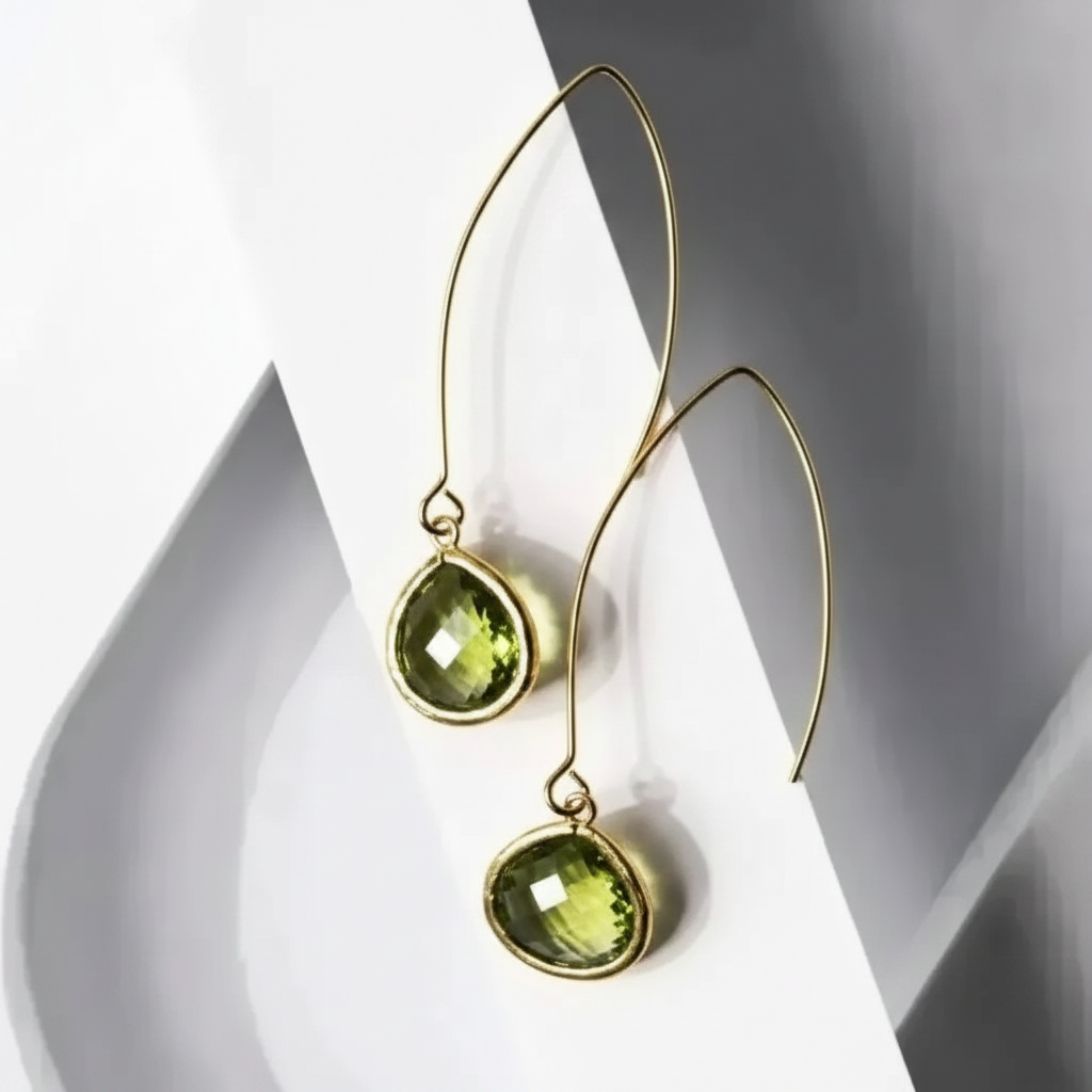 Gold Peridot Elegant Pebble earrings with faceted peridot-green glass