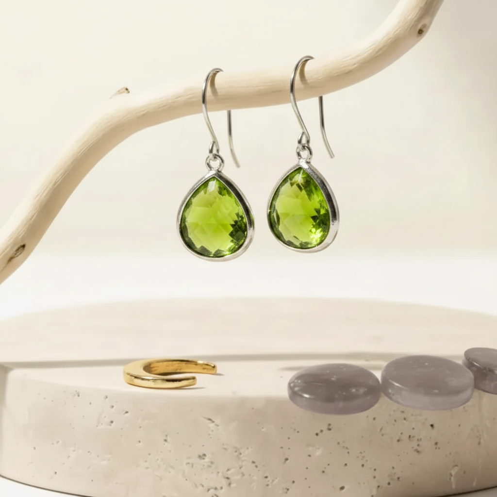 Silver Peridot Elegant Pebble earrings on shepherd's hook earwires