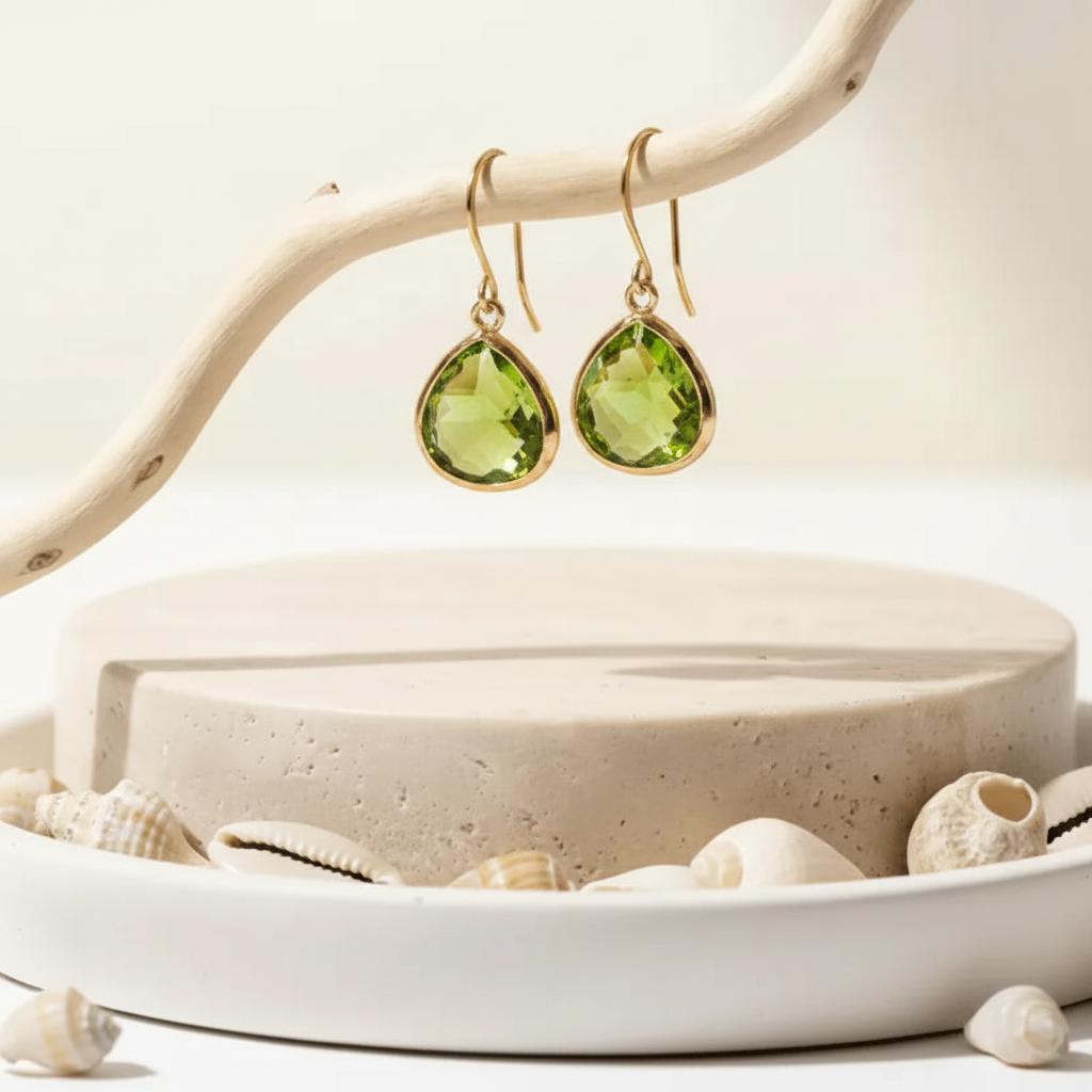 Gold Peridot Elegant Pebble earrings on shepherd's hook earwires, August birthstone colour