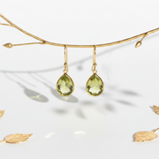Peridot Green Glass Teardrop Earrings | Faceted Drop | Gold Plated
