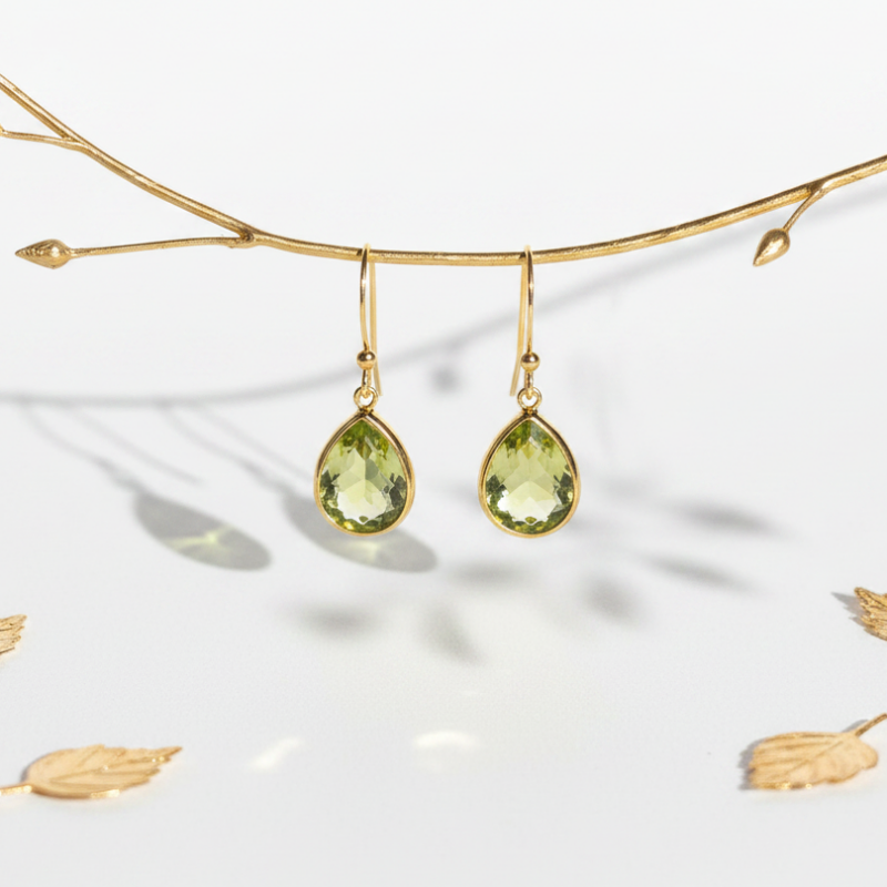 Peridot Green Glass Teardrop Earrings | Faceted Drop | Gold Plated