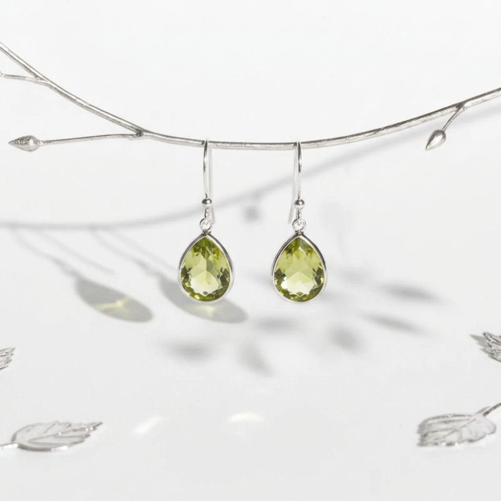 Peridot green faceted glass teardrop earrings in gold plated brass, August colour drop earrings