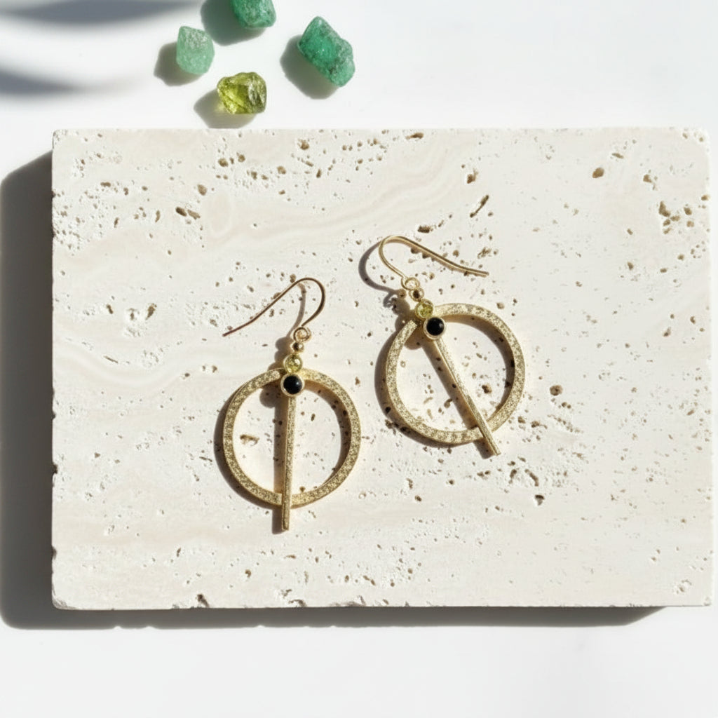Peridot hammered gold medallion statement drop earrings — August birthstone jewelry