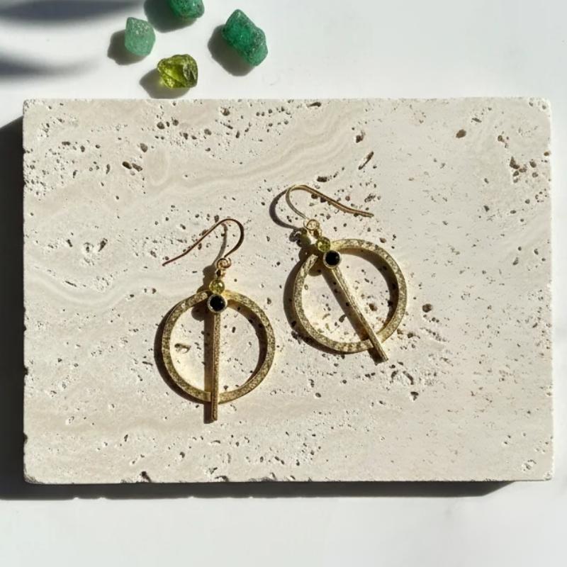Peridot hammered gold medallion statement drop earrings — August birthstone jewelry