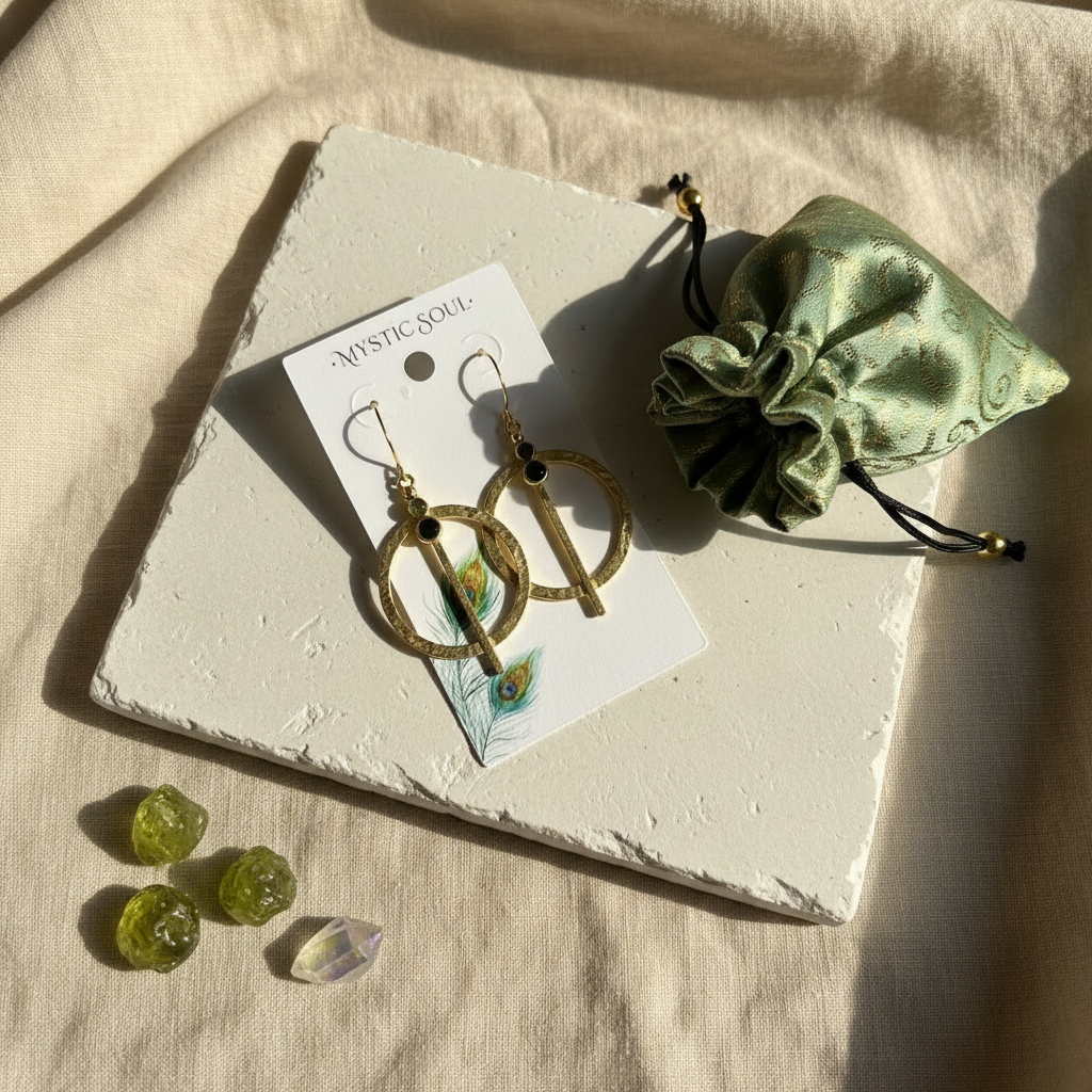 Peridot medallion earrings on a Mystic Soul card with brocade pouch — August birthstone jewelry