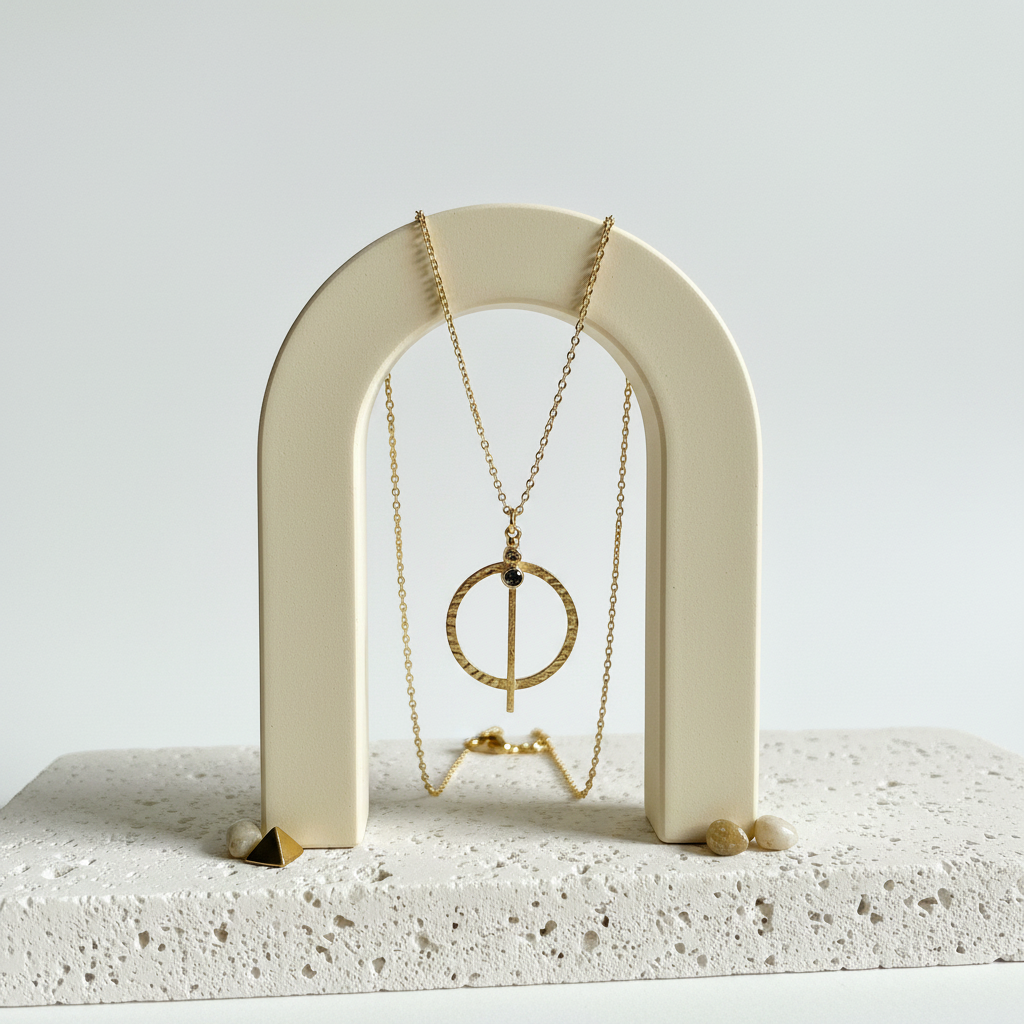 Close detail of a peridot hammered gold medallion necklace — August birthstone jewelry