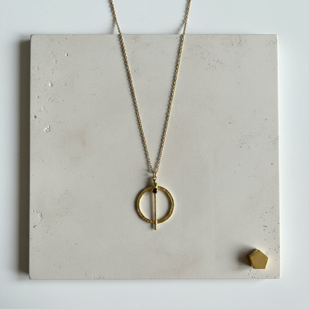Natural peridot hammered gold medallion pendant necklace — August birthstone jewelry