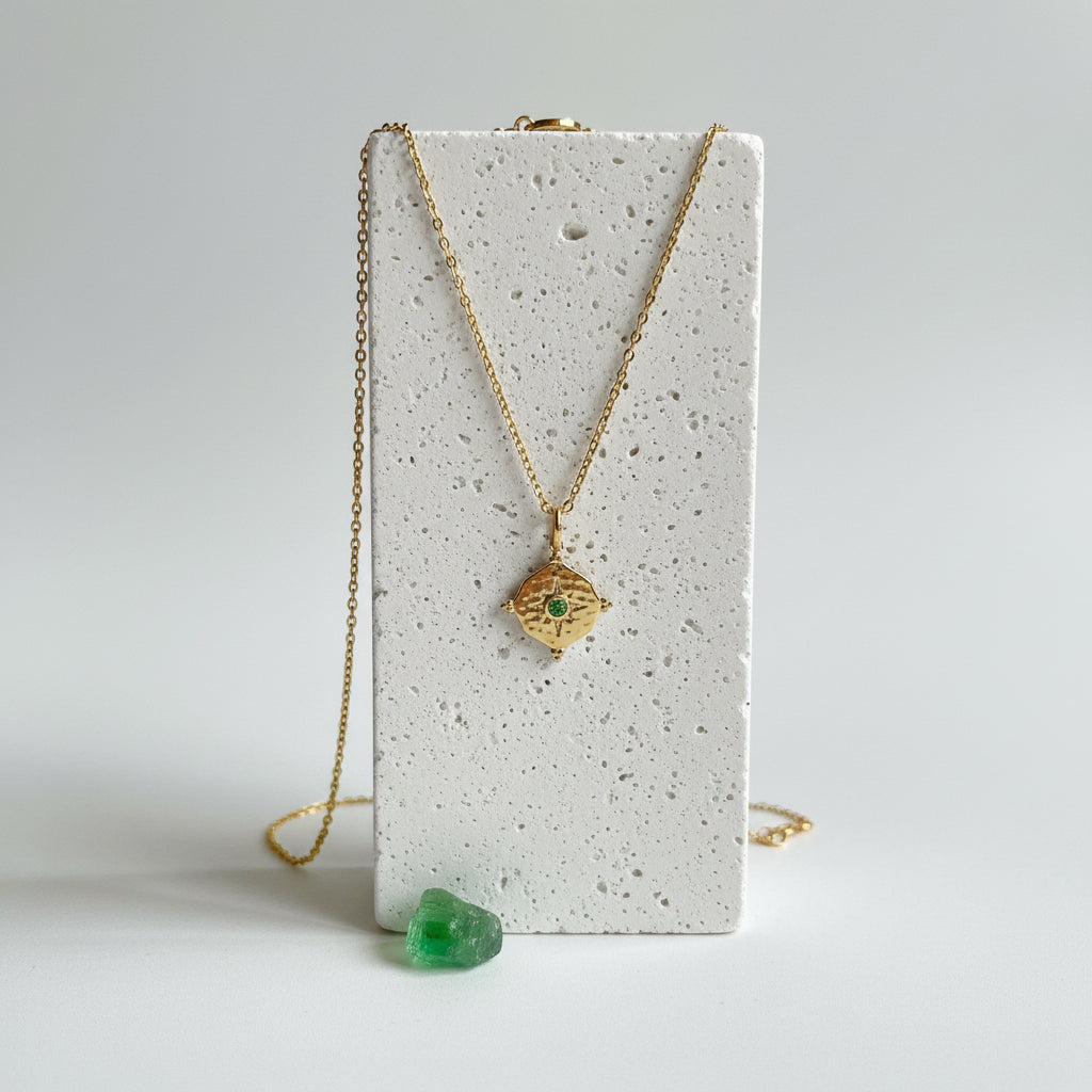 Gold hammered medallion necklace with light green peridot CZ centre, August birthstone jewelry