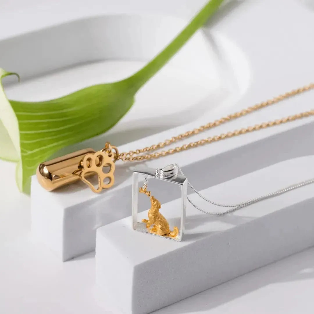 Two necklaces on a white surface with green leaves in the background