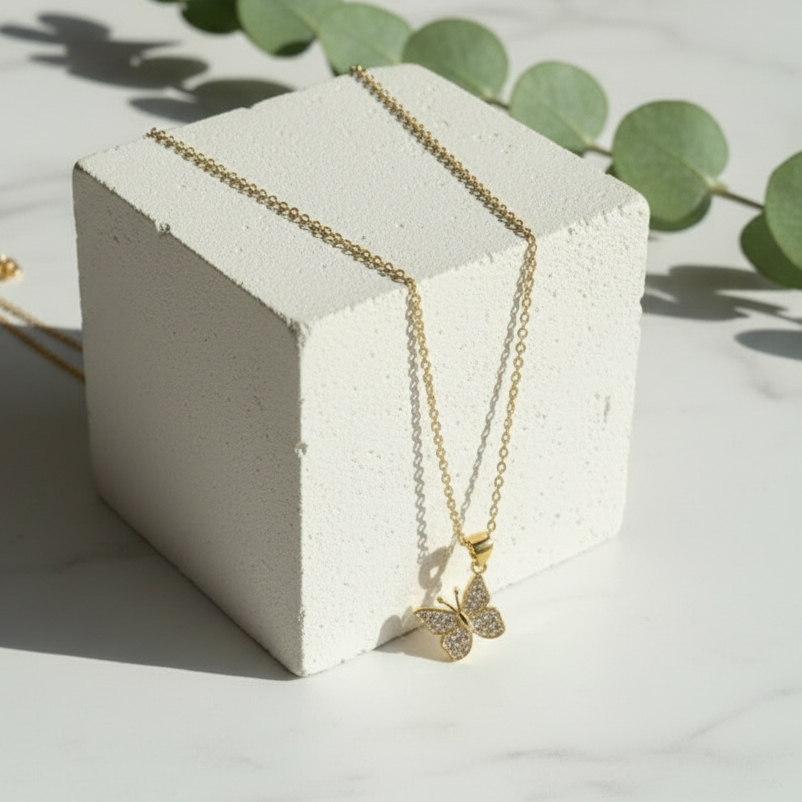Petite gold crystal butterfly pendant necklace — spirit animal jewelry for transformation