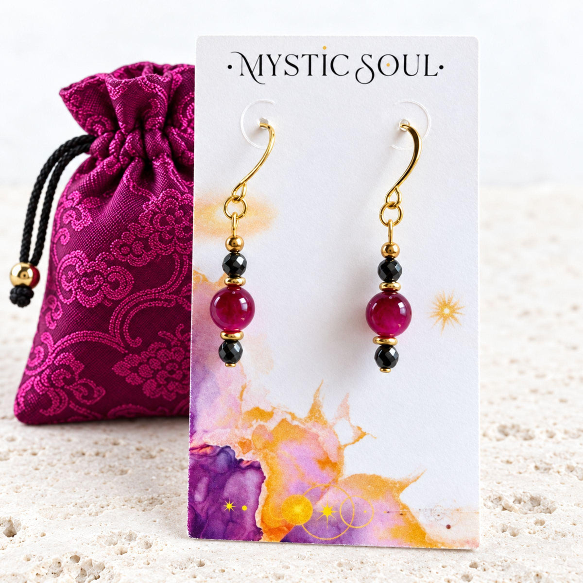 Pair of pink tiger's eye drop earrings with gunmetal grey hematite accents