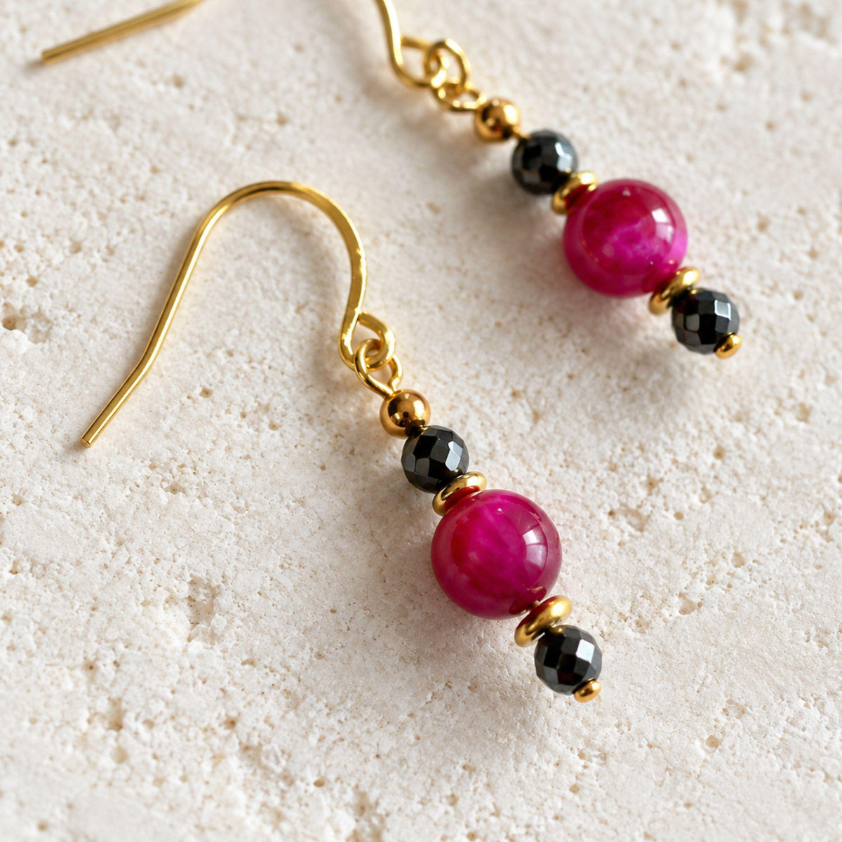 One-of-a-kind pink tiger's eye and hematite drop earrings in blush and gunmetal grey