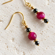 One-of-a-kind pink tiger's eye and hematite drop earrings in blush and gunmetal grey
