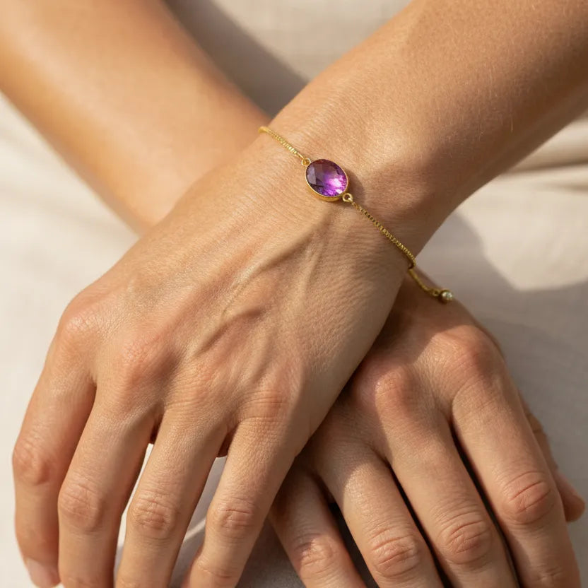 Pink Hydro Quartz Oval Drop Adjustable Bracelet | Gold
