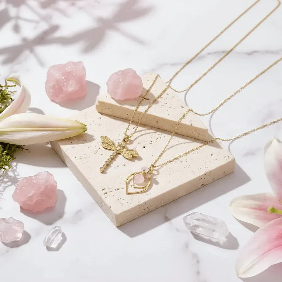 pink chalcedony crystal dragonfly necklace gold gemstone jewelry