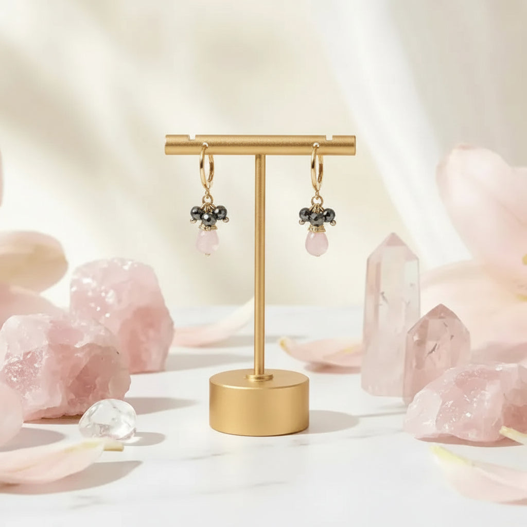 Pink chalcedony mini drop earrings in gold — heart chakra jewelry for love and calm