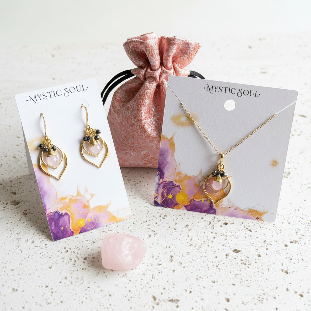 Pink chalcedony and pyrite double teardrop necklace and earrings on a Mystic Soul gift card