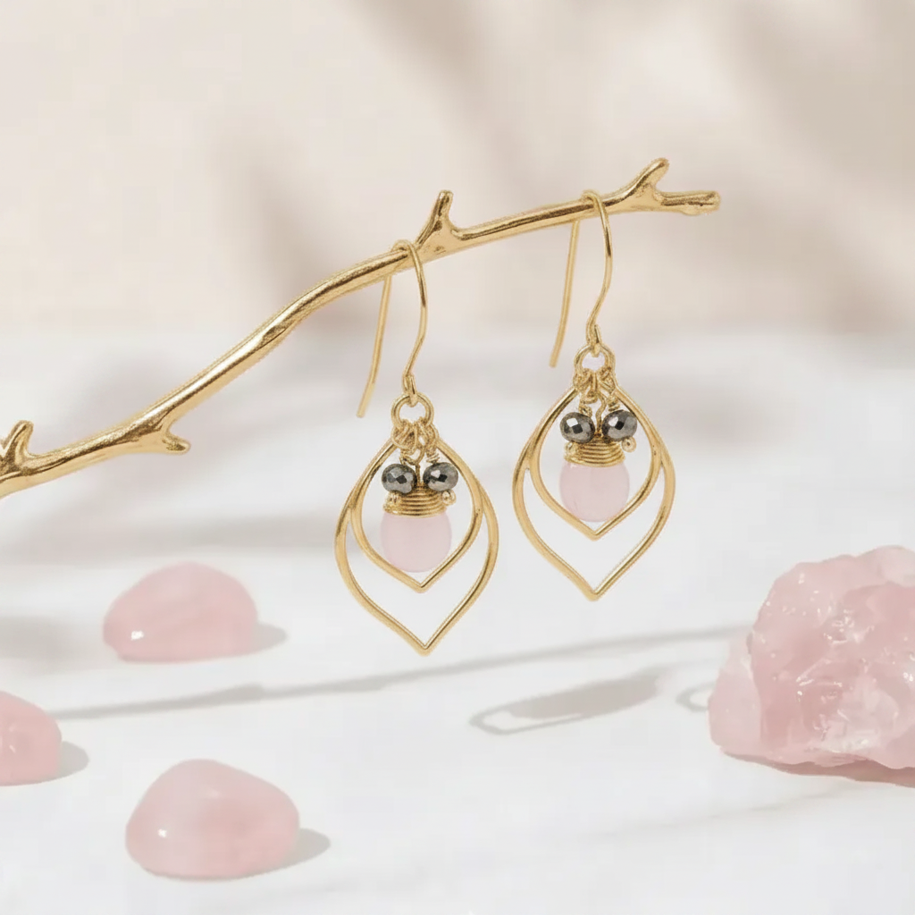 Pink Chalcedony Double Teardrop Earrings | Gold Plated