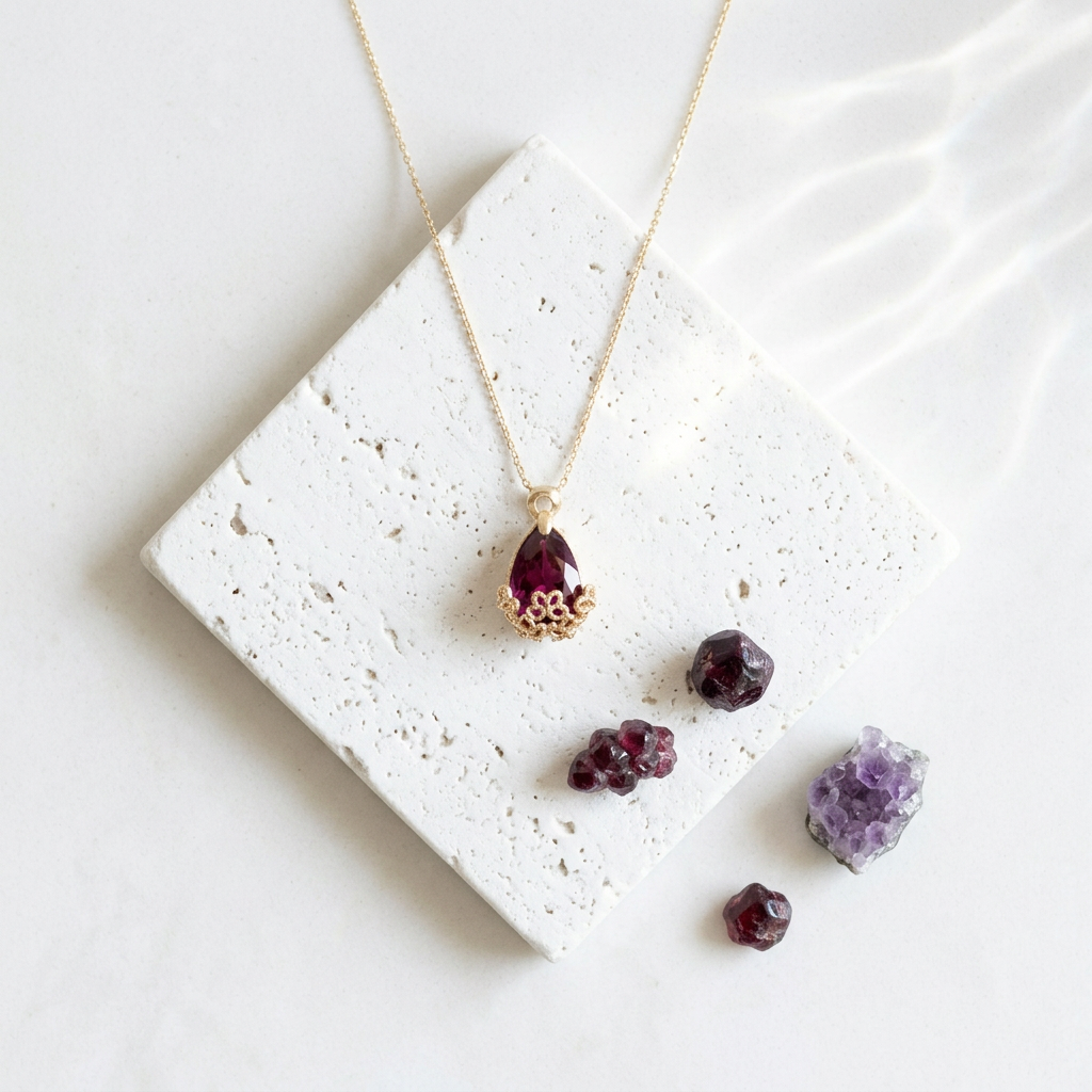 Large gold Flower-Cap necklace with rich fuchsia pink glass drop, hanging view