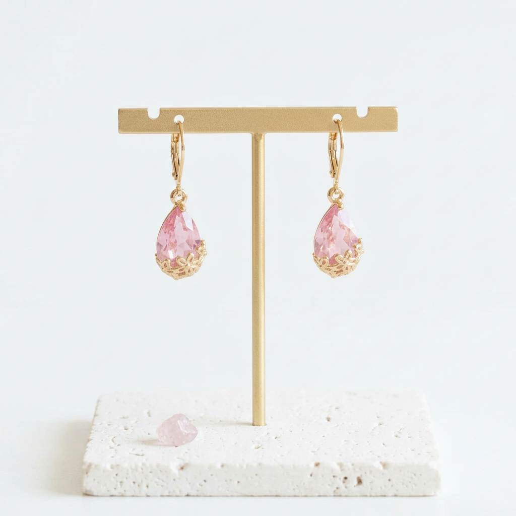 Small gold Flower-Cap earrings with soft pink glass drops