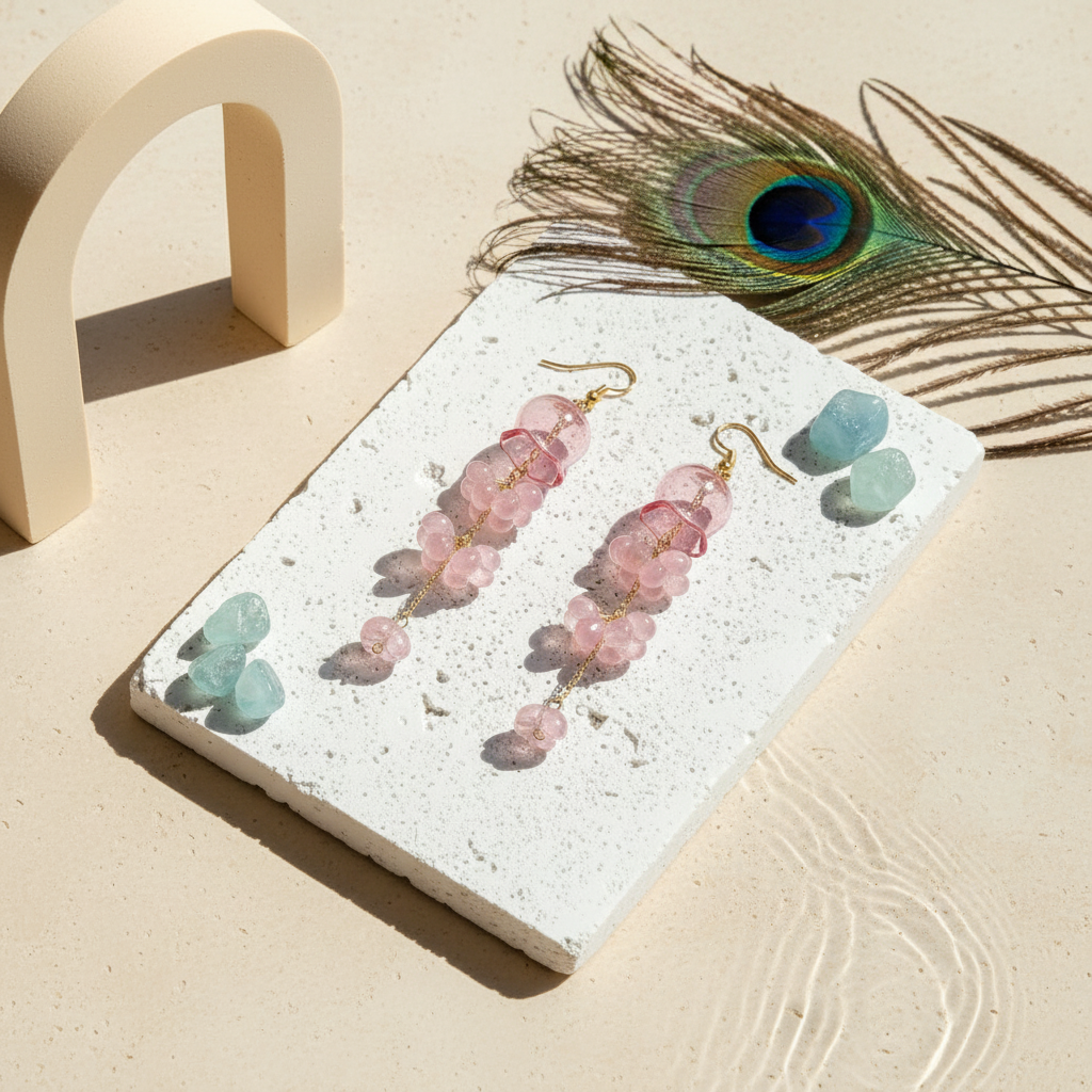 Pink glass jellyfish earrings with gold cascading florets, flat lay