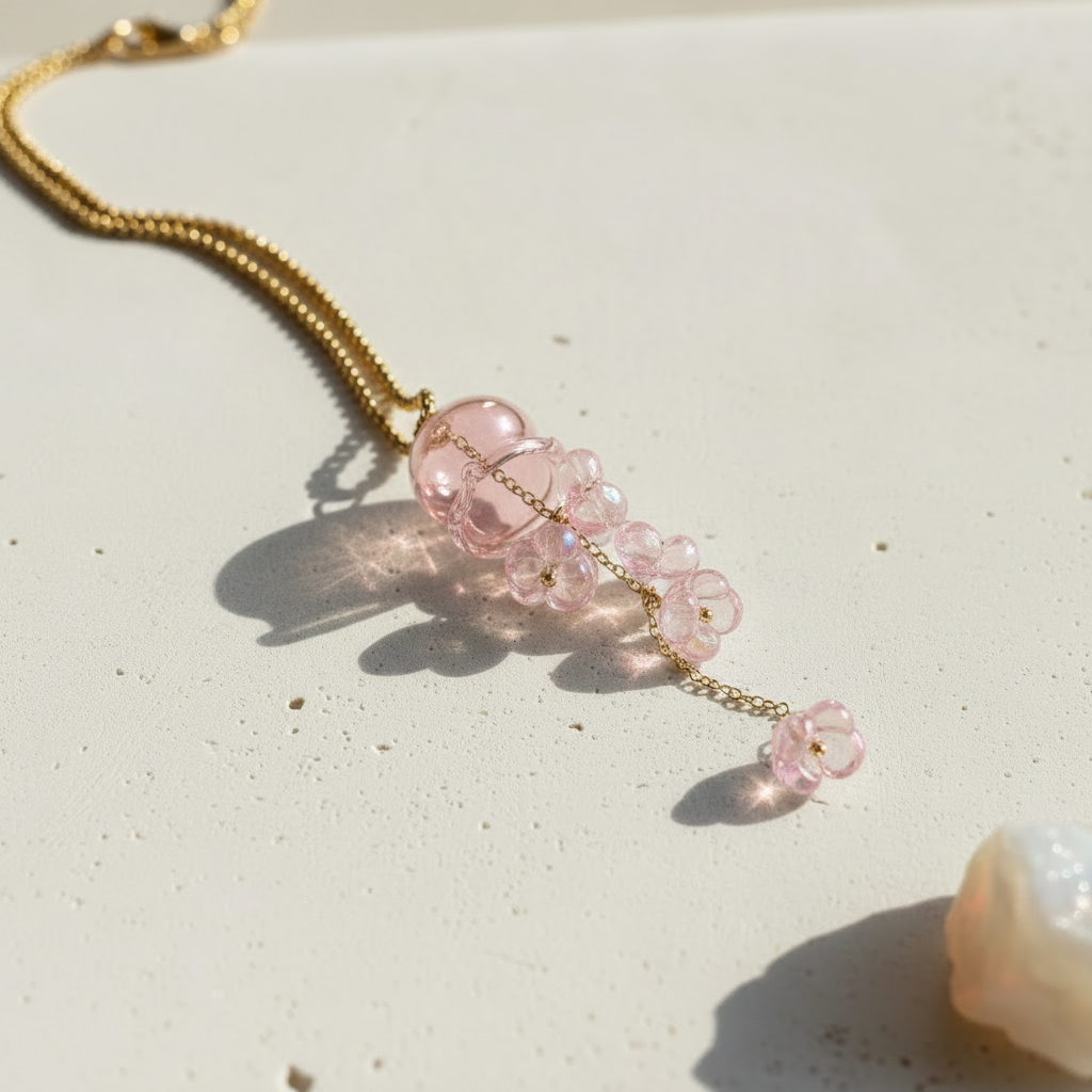Pink glass jellyfish pendant necklace with gold cascading florets