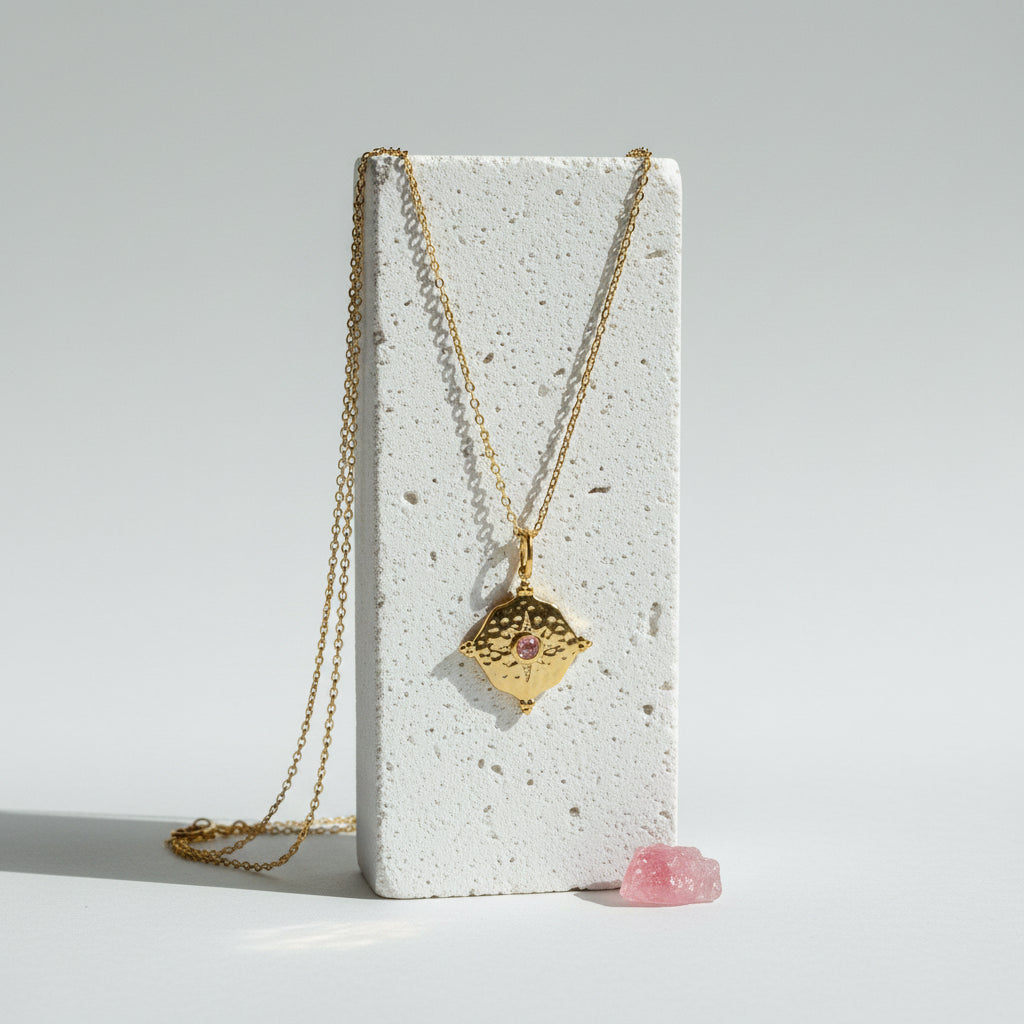 Gold hammered medallion necklace with soft pink CZ centre, June birthstone jewelry