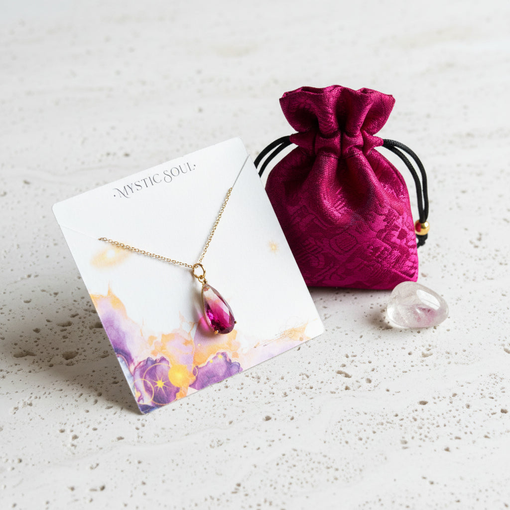 Gold pink ombre gradient glass necklace with Mystic Soul gift tag and pouch