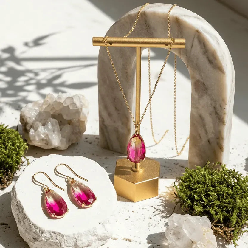 Jewelry set with pink teardrop earrings and necklace on a stone surface with crystals and plants, branded 'Mystic Soul Jewelry'.